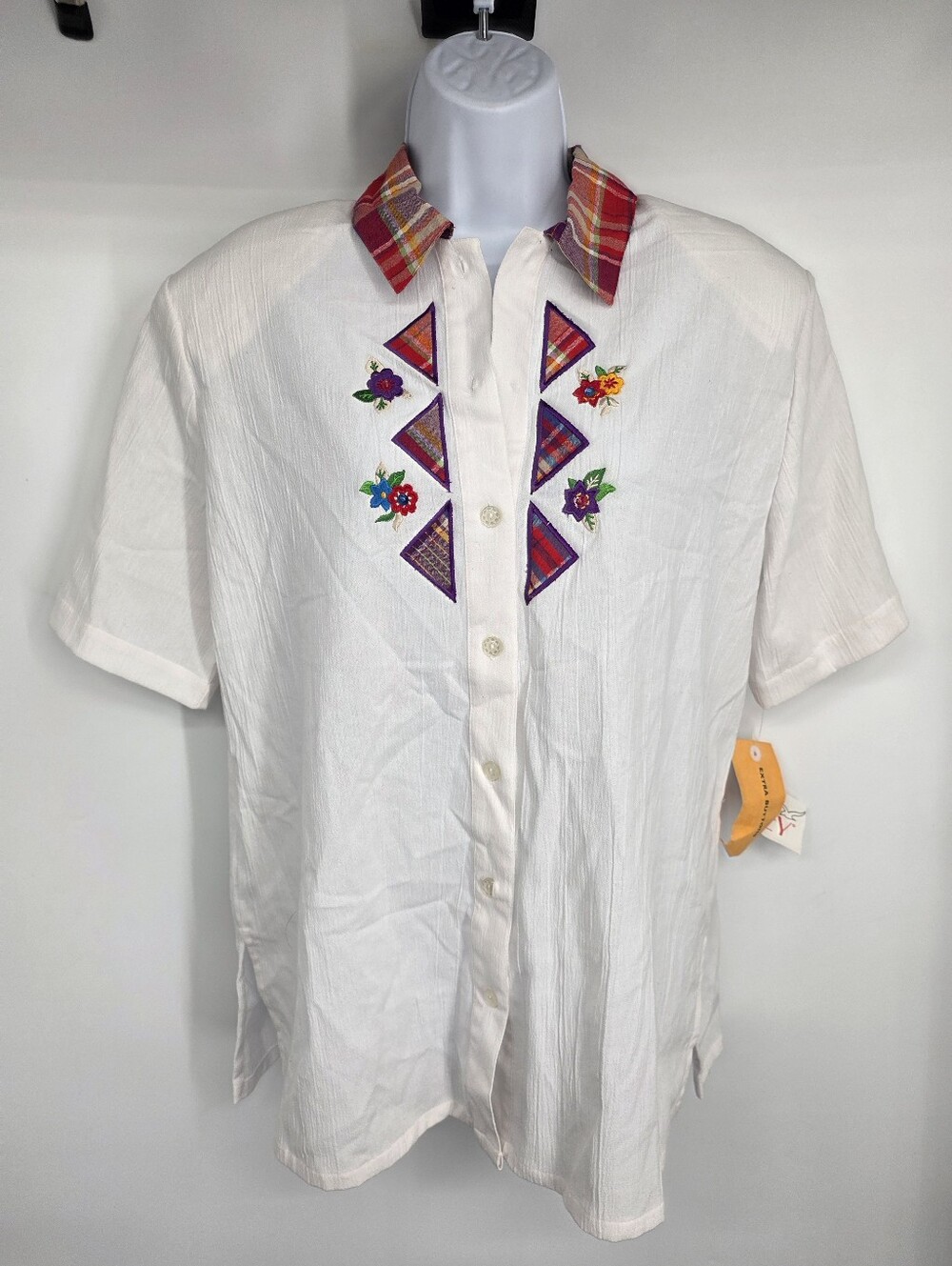 Vintage Napa Valley Embroidered Shirt Small White Plaid Trim Blouse Grandmacore